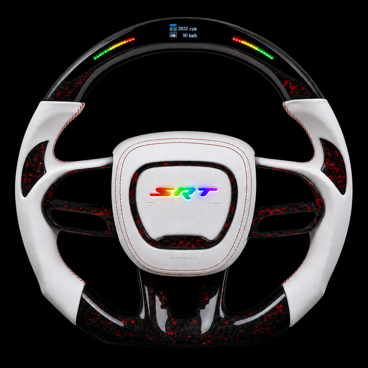 Dodge SRT White/Red LED Forged Carbon Fiber Steering Wheel + LED Airbag Cover