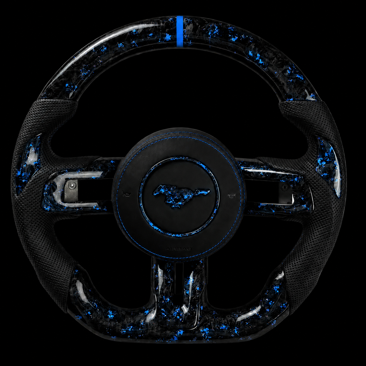 2015-2023 Mustang GT Forged Carbon Fiber Steering Wheel + Light Blue Accents