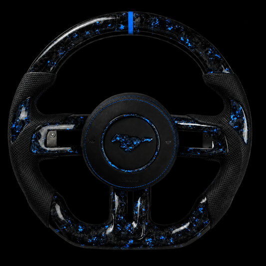 2018-2023 Mustang GT Forged Carbon Fiber Steering Wheel + Light Blue Accents