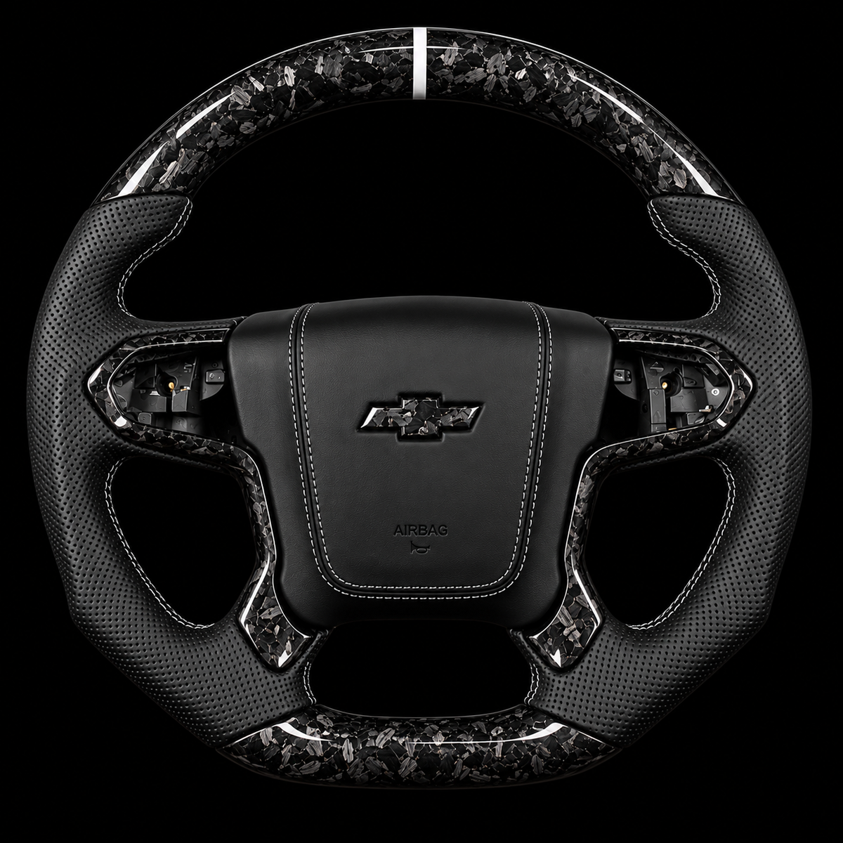 2014-2018 Chevrolet Silverado Forged Carbon Fiber Steering Wheel + White Stitching/Stripe