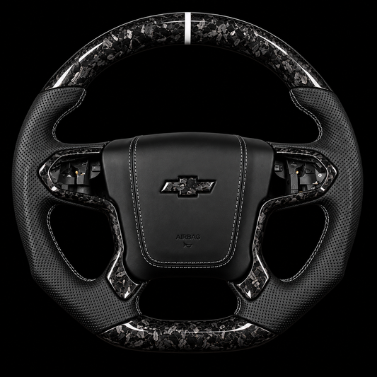 2014-2018 Chevrolet Silverado Forged Carbon Fiber Steering Wheel + White Stitching/Stripe