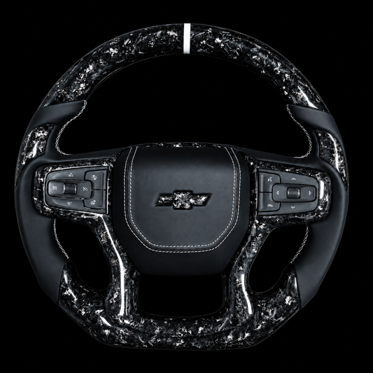2019+ Chevrolet Silverado Forged Carbon Fiber Steering Wheel + White Accents