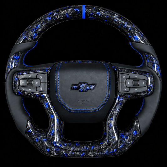 2019+ Chevrolet Silverado Forged Carbon Fiber Steering Wheel + Blue Flakes
