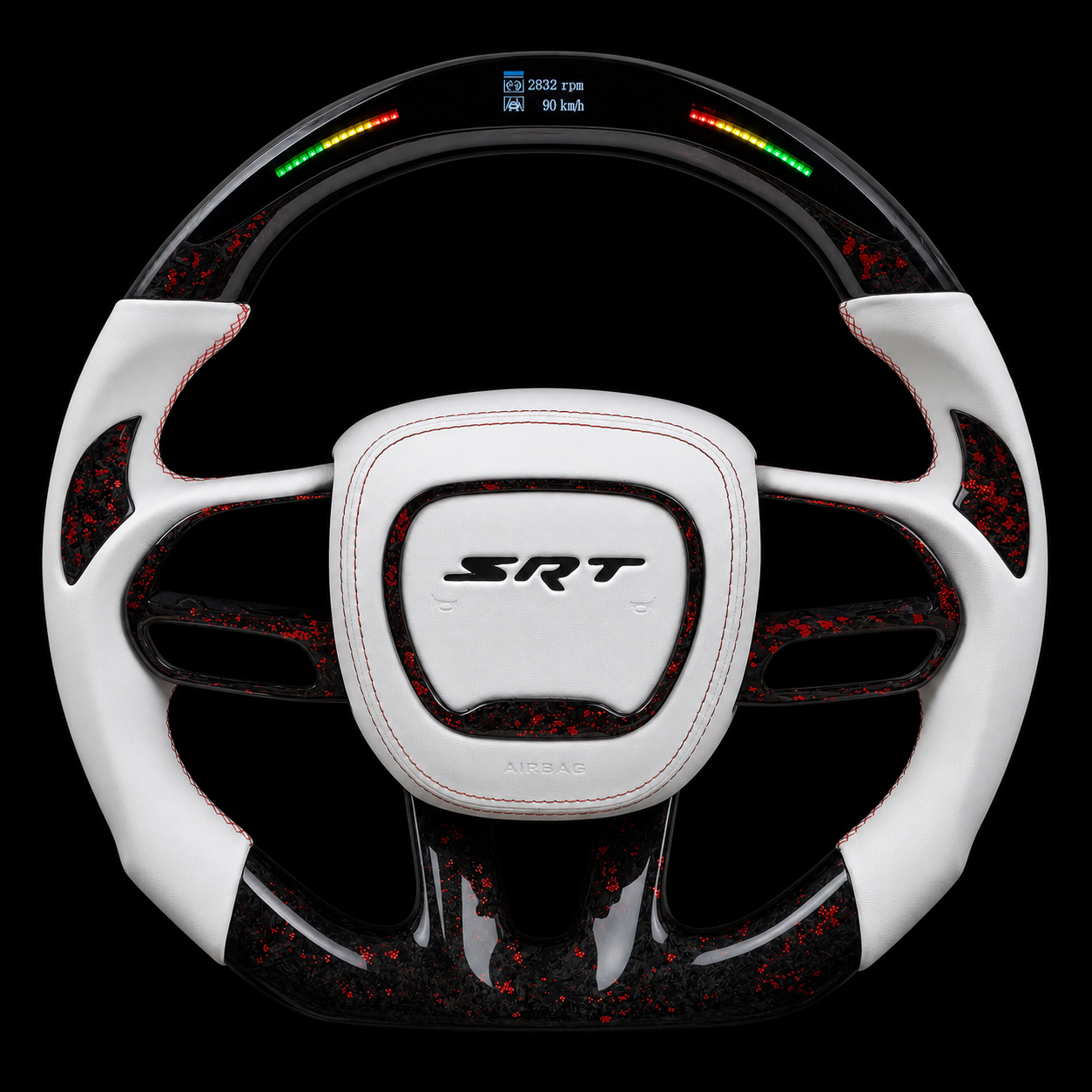 Dodge SRT White/Red LED Forged Carbon Fiber Steering Wheel + LED Airbag Cover